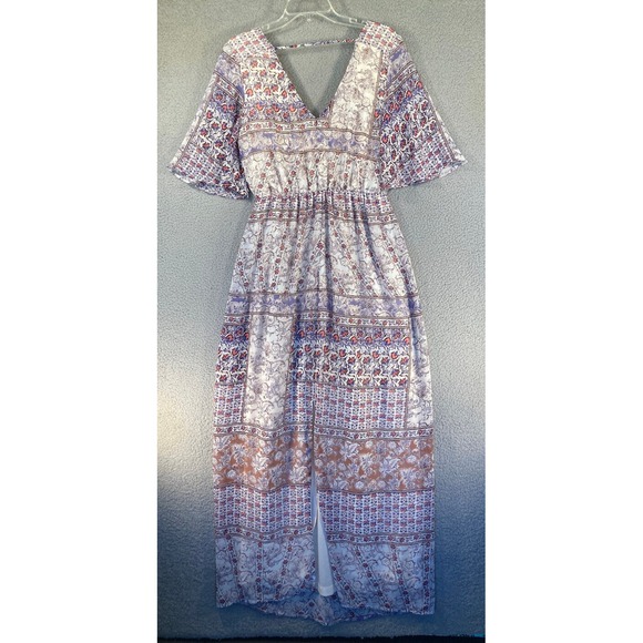 Lily Rose Maxi Dress Womens Medium Beige‎ Blue Floral Boho Lined V Neck Babydoll - Picture 6 of 11